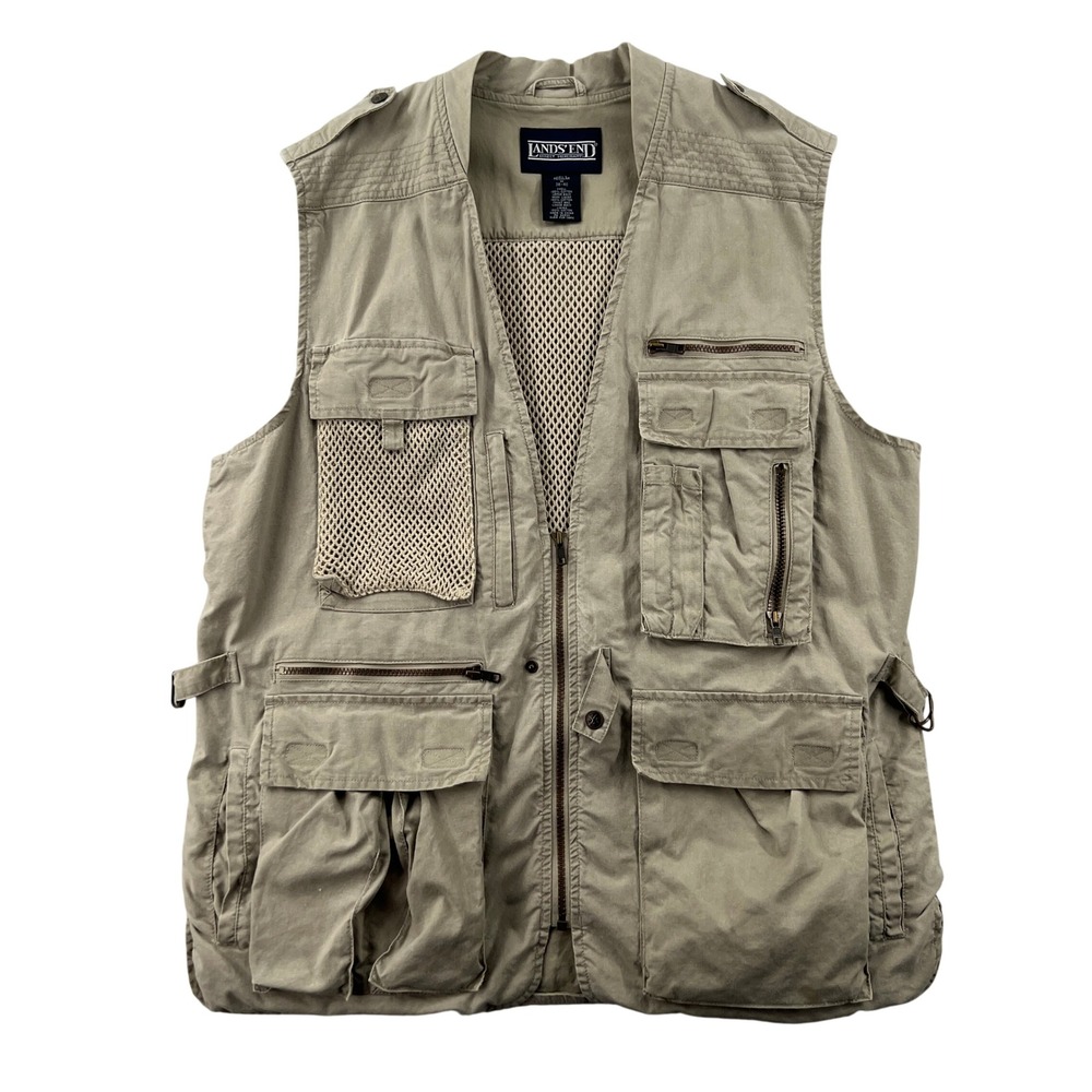 Lands‎ End Khaki Cotton Multi Pocket Utility Fishing Vest Men Medium Safari GORP